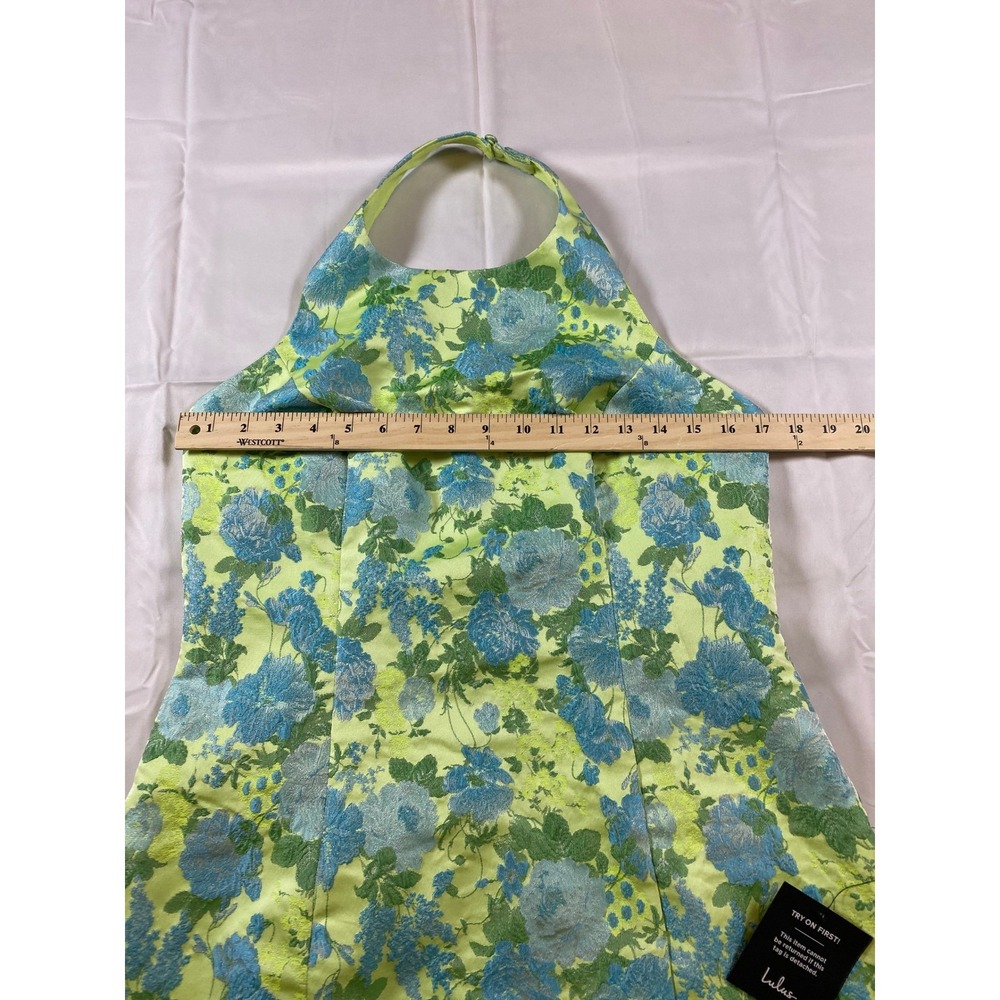 Lulus Ariadna Lime Green Floral‎ Jacquard Halter Mini Dress Size Large - Picture 10 of 15